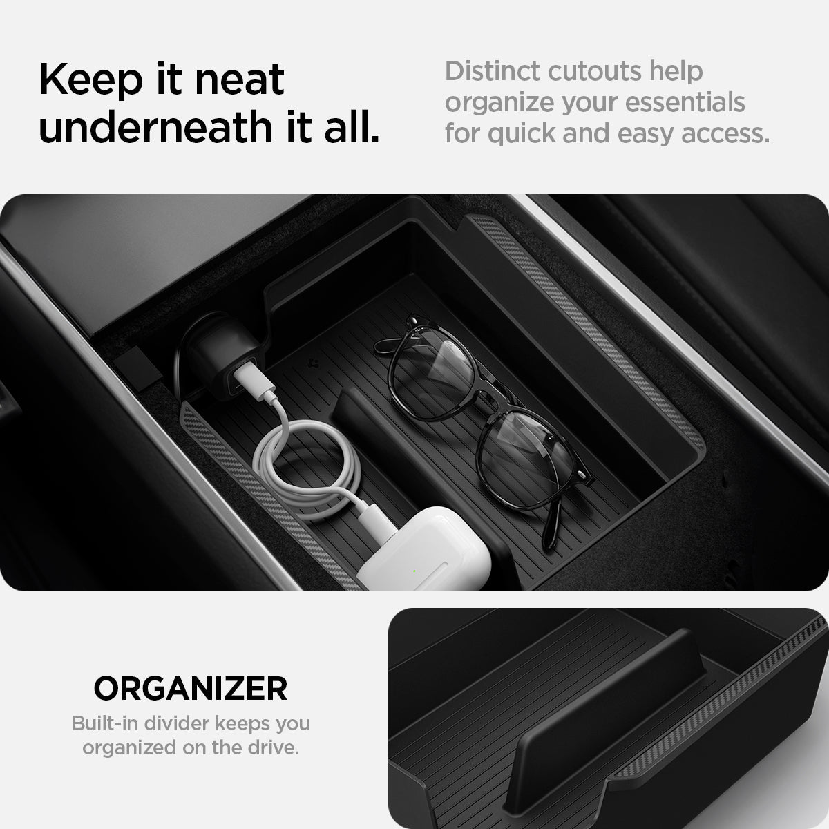 Tesla Series - Armrest Console Organizer Upper Tray | 2-Section